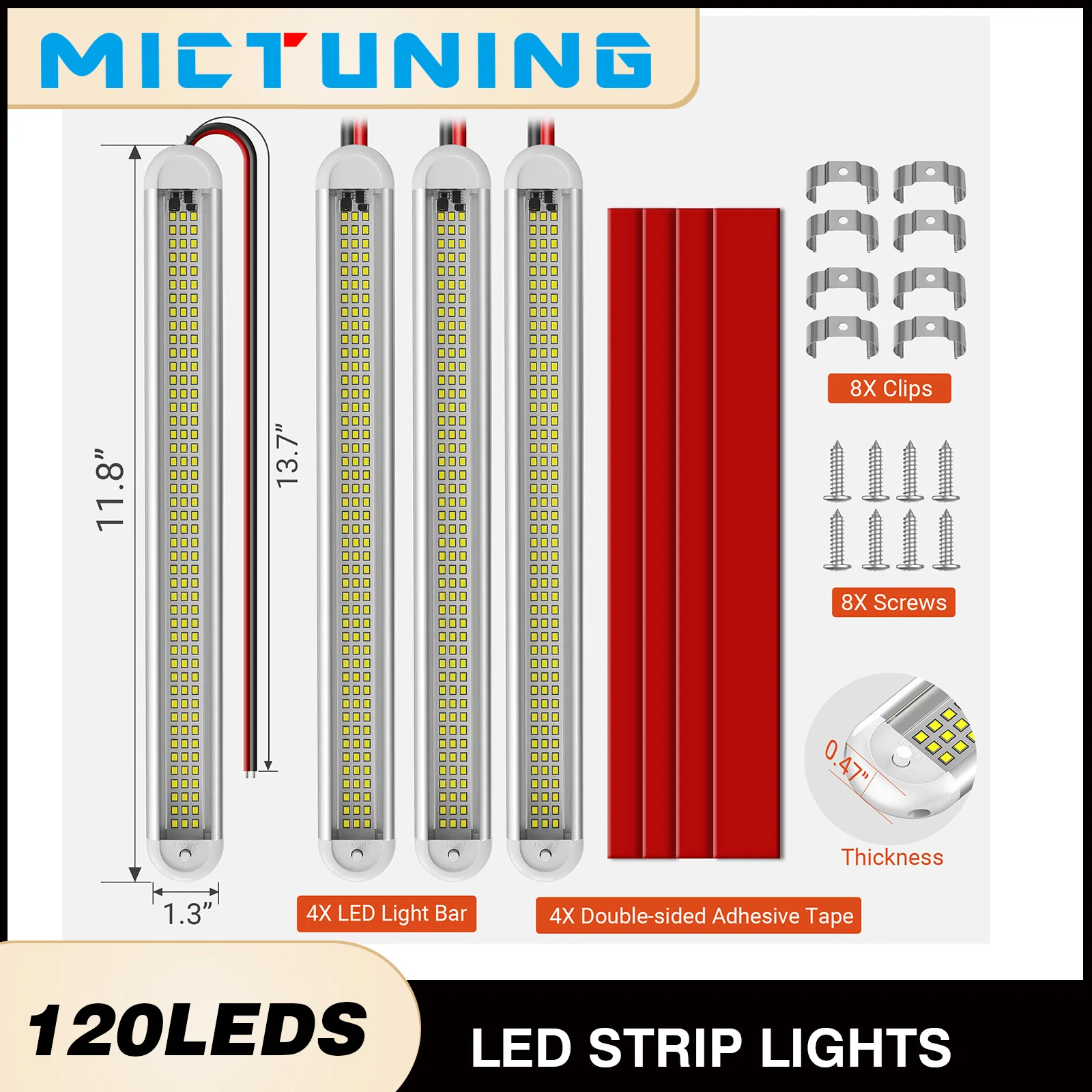 

MICTUNING 4PCS High Brightness LED Interior Light Bar 120LEDs 12V-85V Car Reading Lamp With Swicth for RV Van Truck Lorry Camper