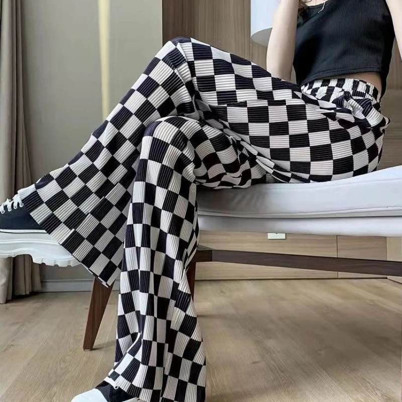 Women Plaid Wide Leg Pants 2026 Summer High Waist Loose Straight Trousers Ice Silk Breathable Casual Pajama Pants