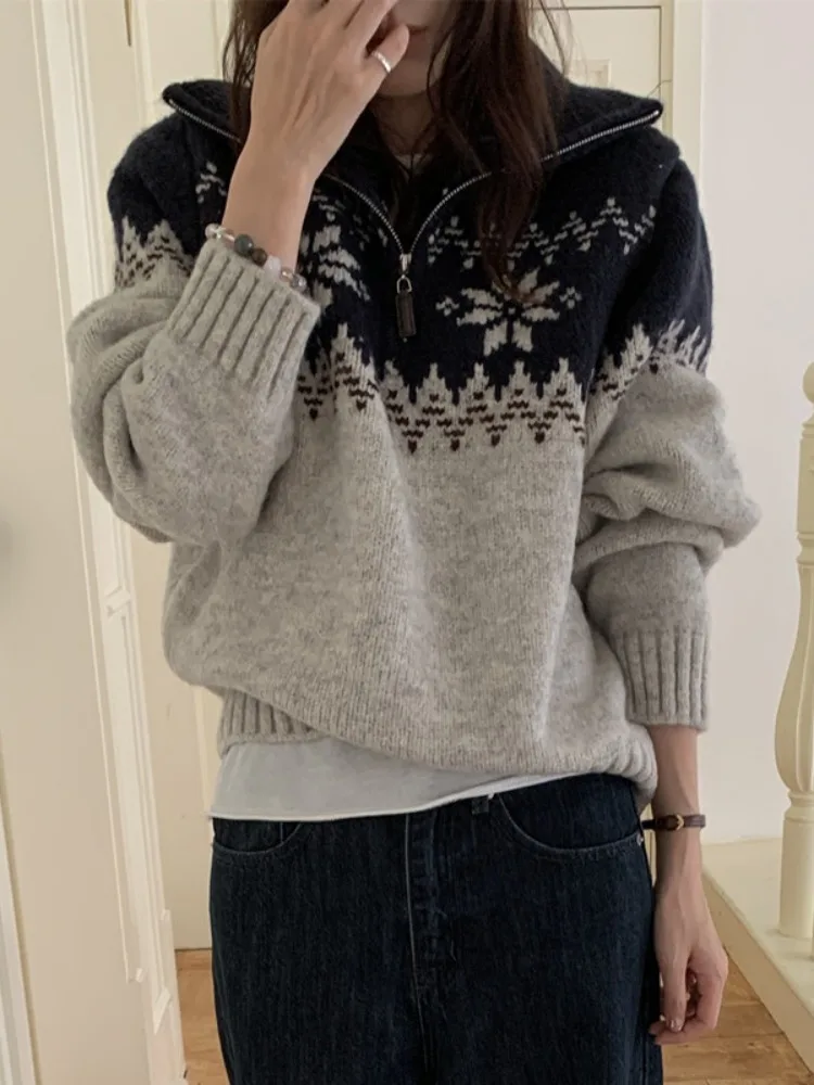 Weicher Fcey-Strickpullover für Damen, lässig, locker, Winter, neuer Sle f-Reißverschluss, faires Isle-gemustertes, bequemes, atmungsaktives Oberteil