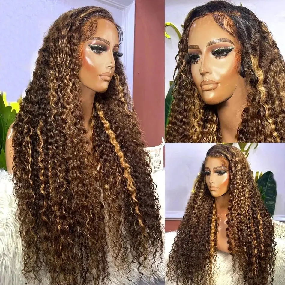 28 30 Inch Highlight Ombre Curly 13x6 Lace Front Wig 4/27 Brown Colored Remy Deep Water Wave Lace Frontal Human Hair Wigs