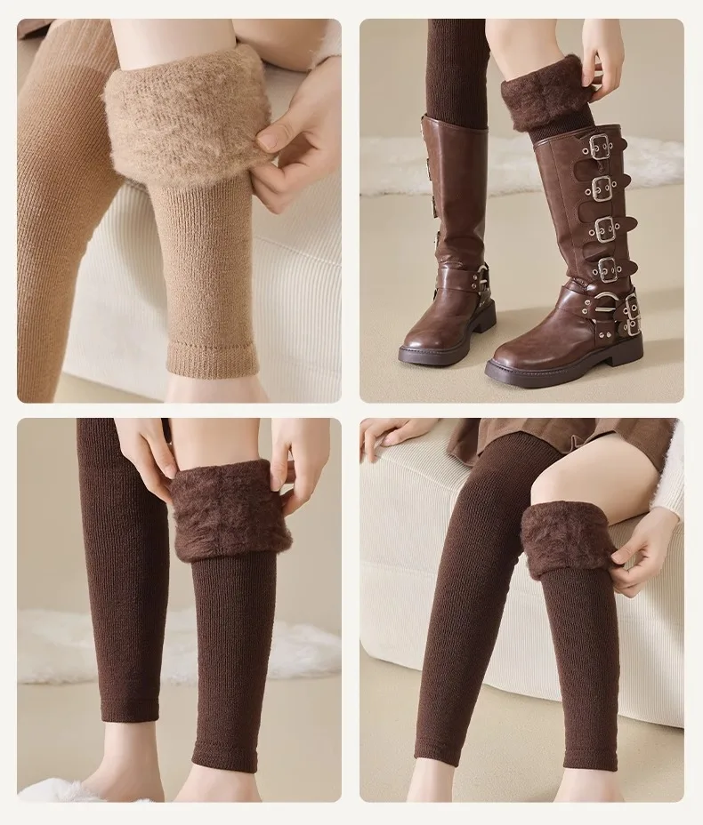 Overknee-Socken für Damen, mit Thermo-Fleece gefüttert, verdickte Wolle, Beinwärmer, Winter-Knieschutz gegen Kälte – Detail 25