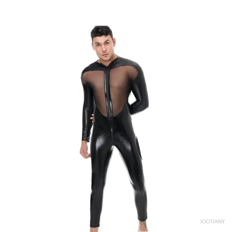 

Faux Leather Jumpsuit Men's Cosplay Sexy See-through Mesh Tights Gay Underwear Club Party Wear Jumpsuit Performance Bodysuit