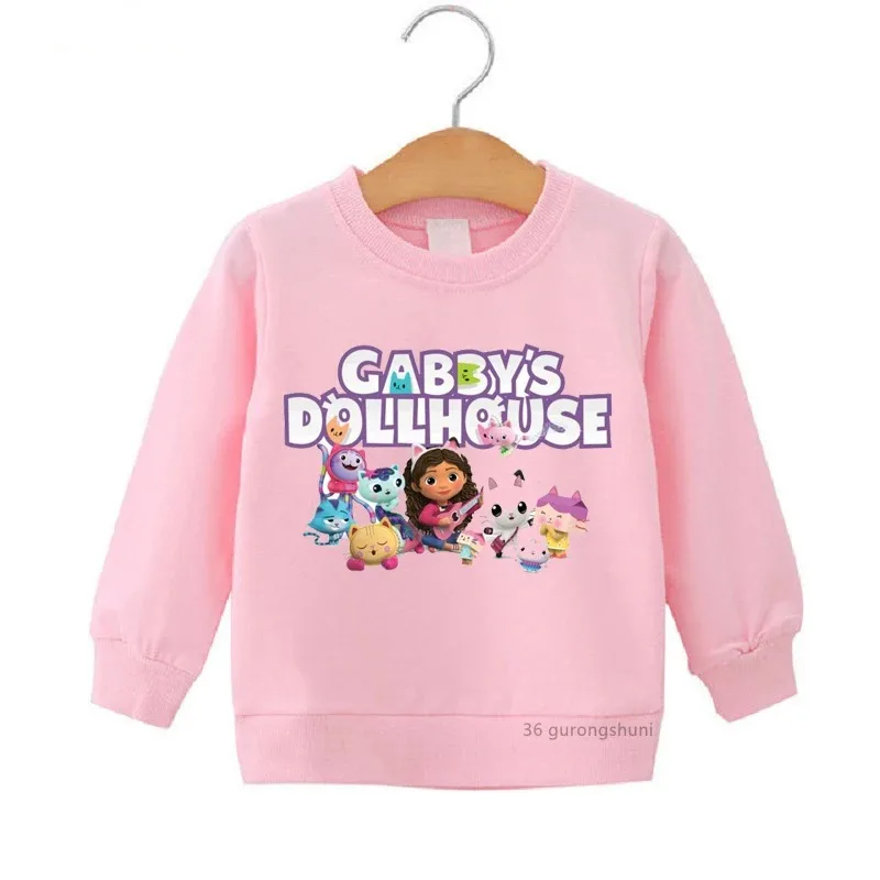 2024 New Girls Pullover Cute Gabbys Doll House Cartoon Print Kids Pink Fleece Sweatshirt Aesthetic Girls Round Neck Sweatshirt