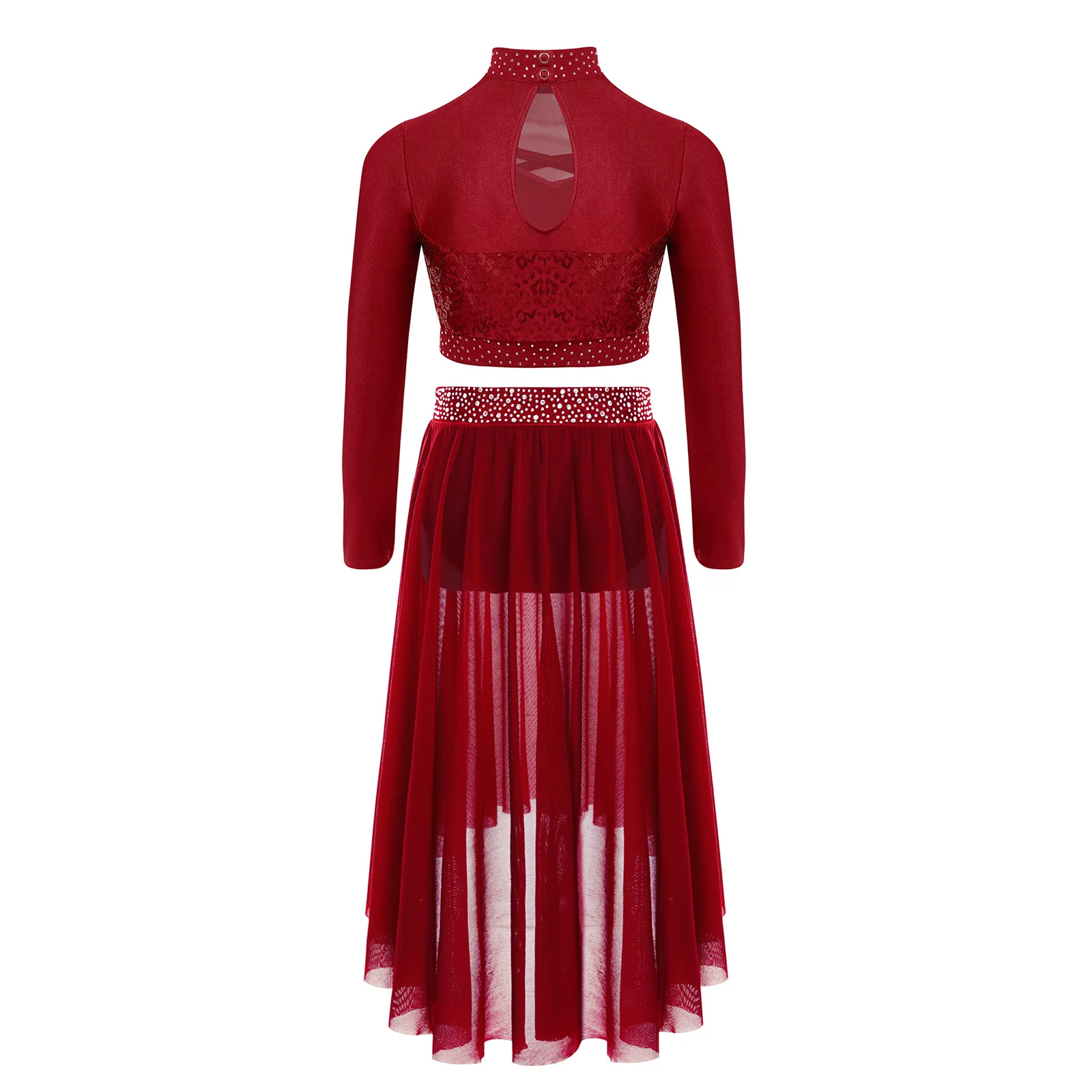 Girls Lyrical Dance Outfit Children's Modern Dance Costumes Sheer Mesh Shiny Sequins Crop Top with Slit High-Low Skirt Suits