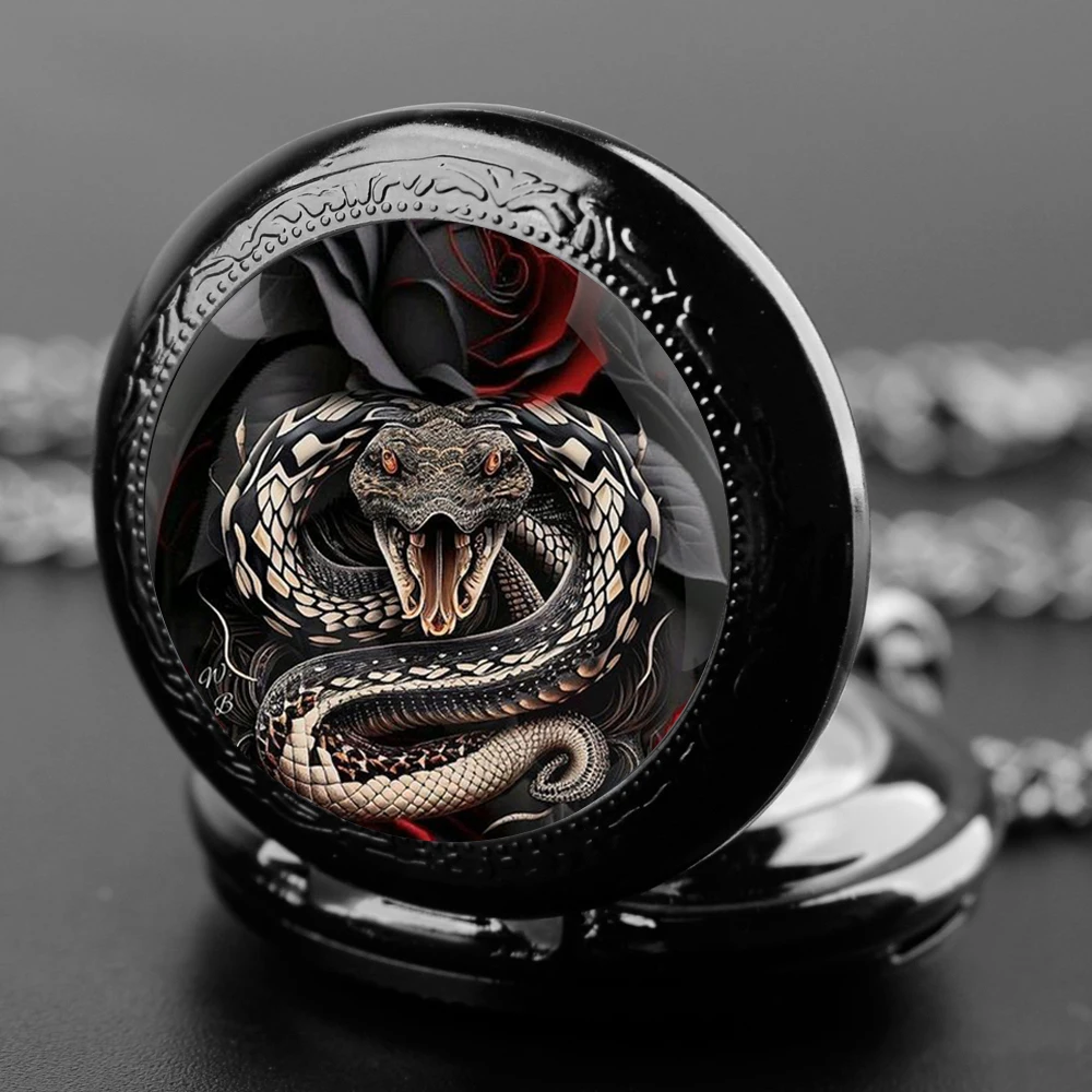 Vintage Black Classic Retro Rose Snake Pattern Design Quartz Pocket Watch With Chain Men's Souvenir Gift Collection