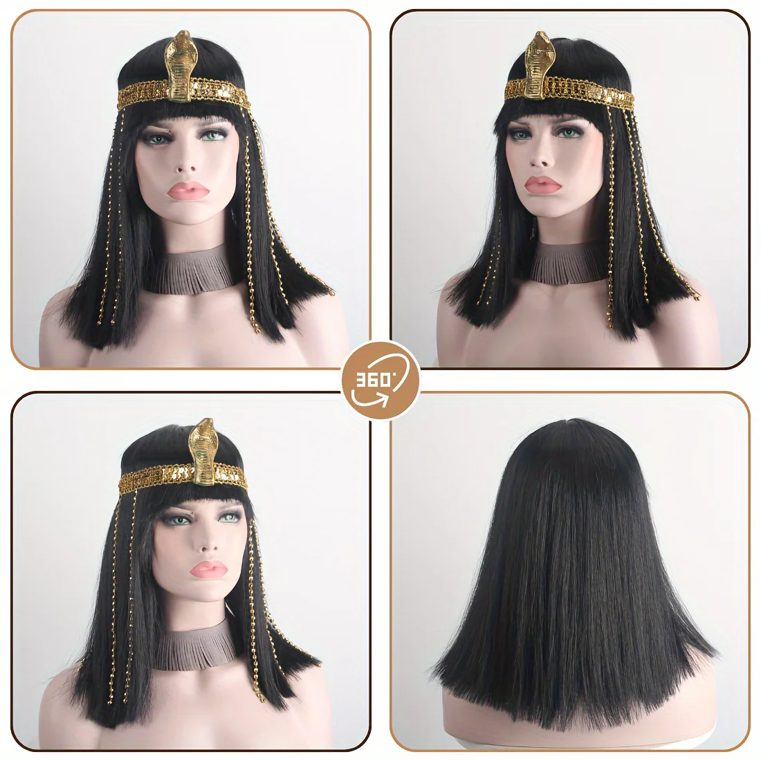 Schwarze Gerade Fransenperücke mit Langen Haaren aus Chemiefaser Synthetische Perücke Goldener Schlangenkopf-Kopfschmuck Halloween Kleopatra Cosplay Perücke – Detail 5