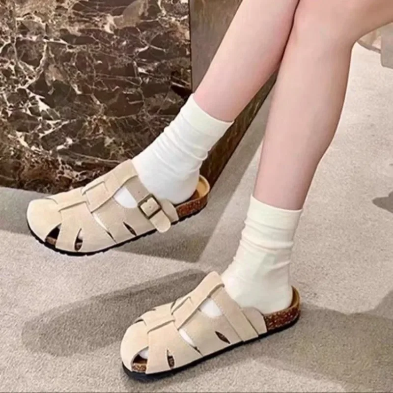 

2025 Brand Ladies Shoes Closed Toe Women's Slippers Fashion Belt Buckle Outdoor Casual Rome Light Comfortable Flat Slippers
