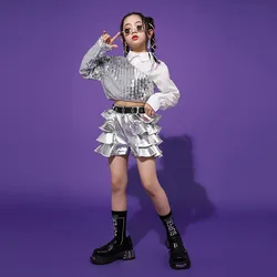 Girls Hip Hop Crop Top Sequins Silver Shorts Clothes Sets Kids Jazz Sleeves Outfits Child Streetwear Street Dance Stage Costume