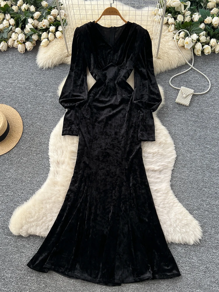 

Ele Bla Velvet V-Ne Long Sve Women's Dr Slimming A-Line Skirt Commute Sexy High Waist Polyester Fiber Dr