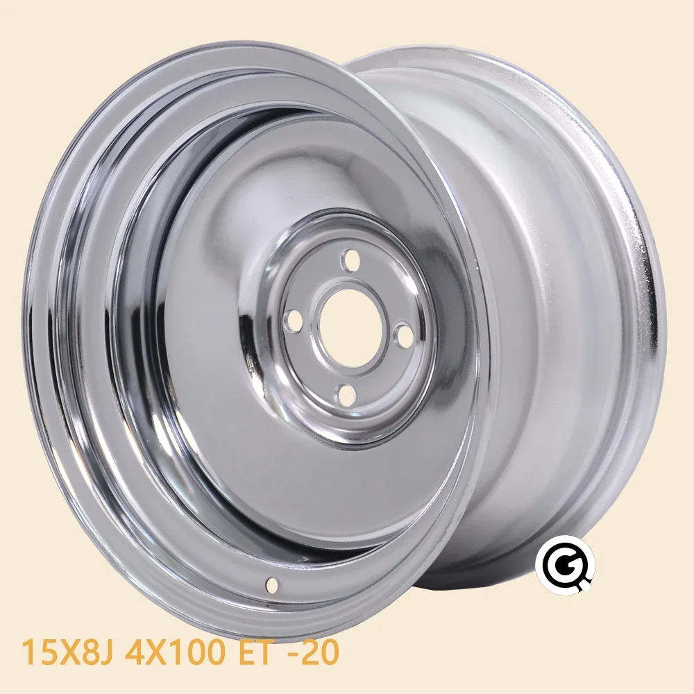 15inch 8J Chrome Finish Deep Lip Customized Steel Rim 4X100 Offset -20mm for Yaris Honda Civic - Wheel for Car Modification