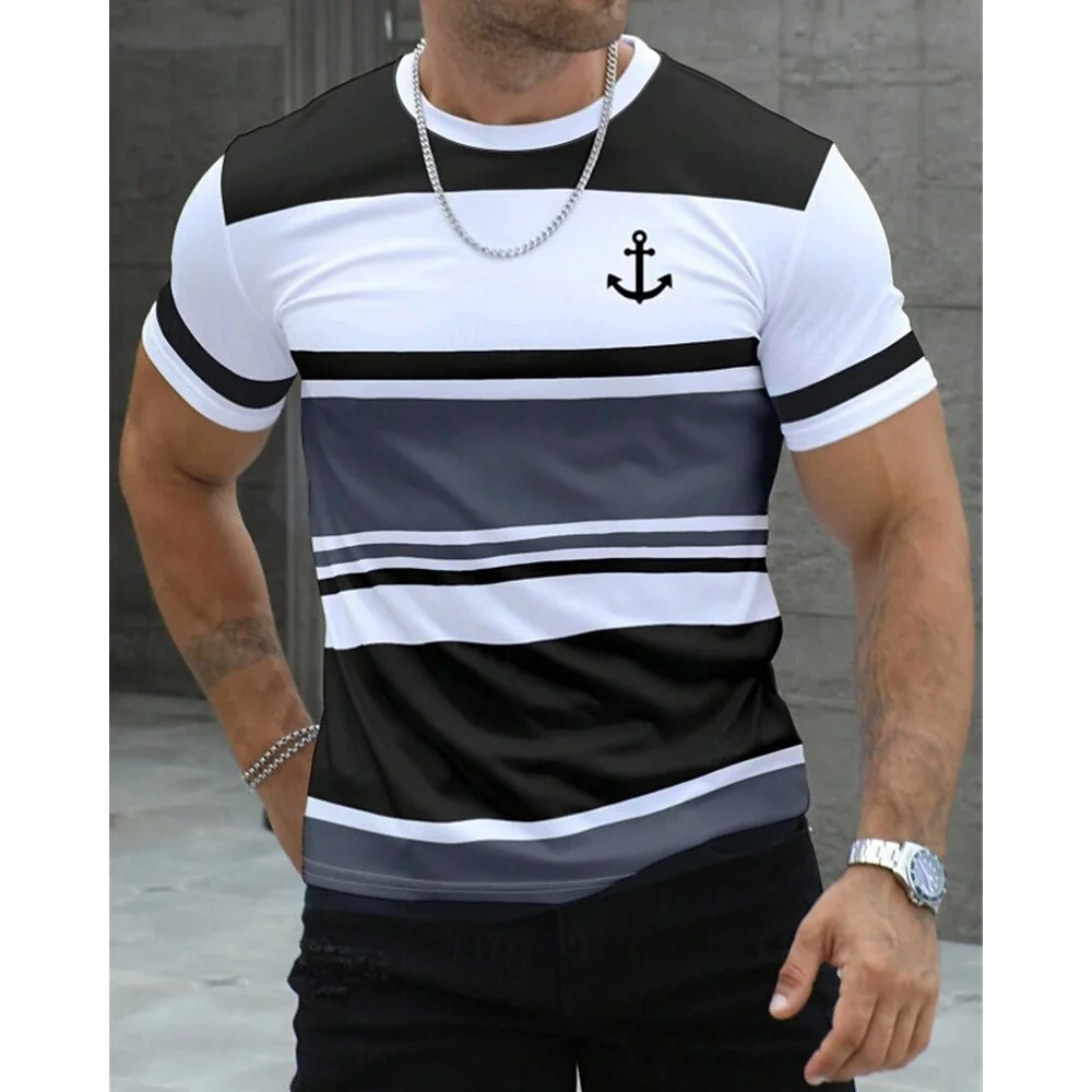 Fashion Nautical Style 3D Print T-shirt Men's Color Block Striped Short Sleeve Tees Anchor Detail Casual Tops Summer Streetwear