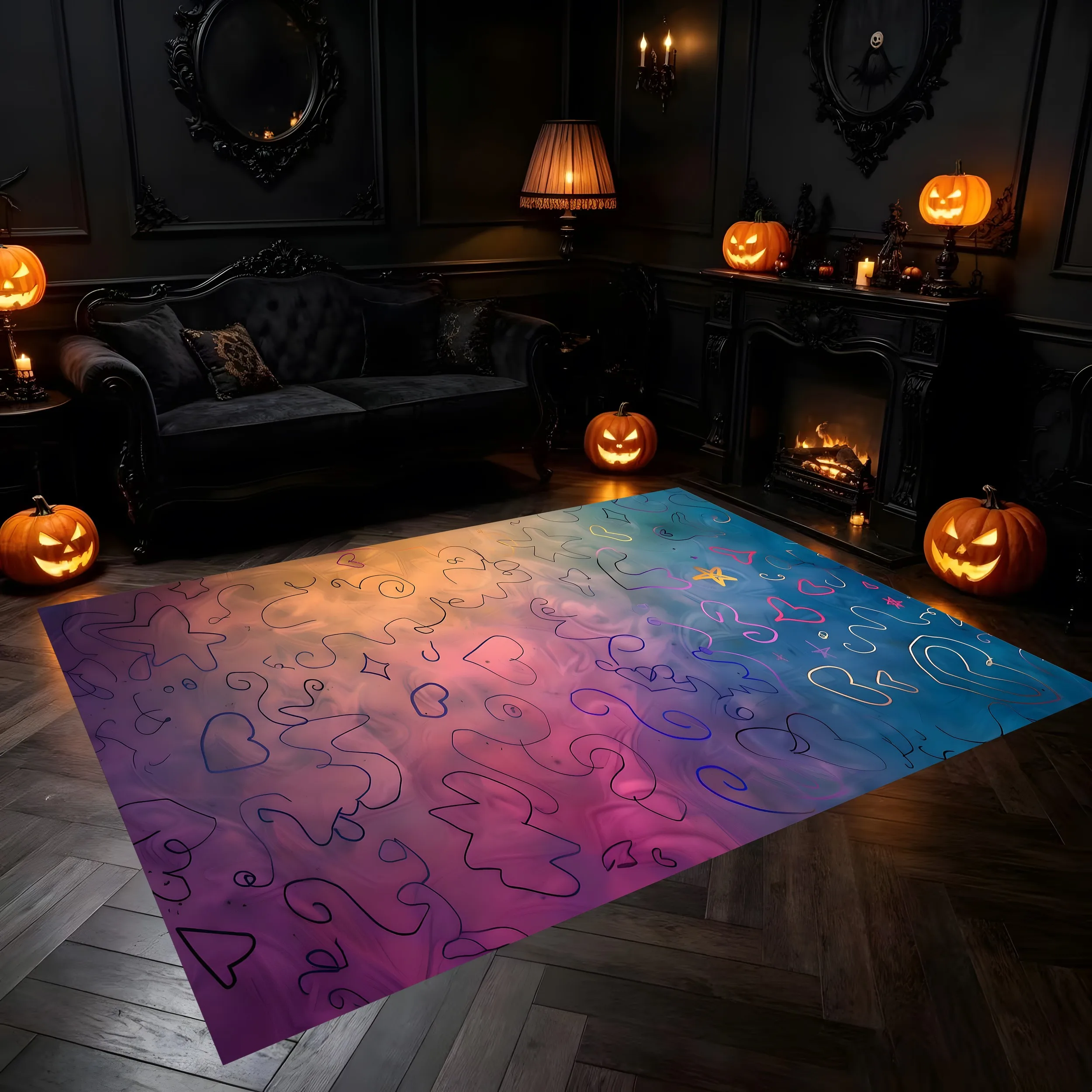 Large Area Rug Gradient Doodle Hearts Stars Line Pattern Soft Velvet Living Room Bedroom Home Decor Area Rug