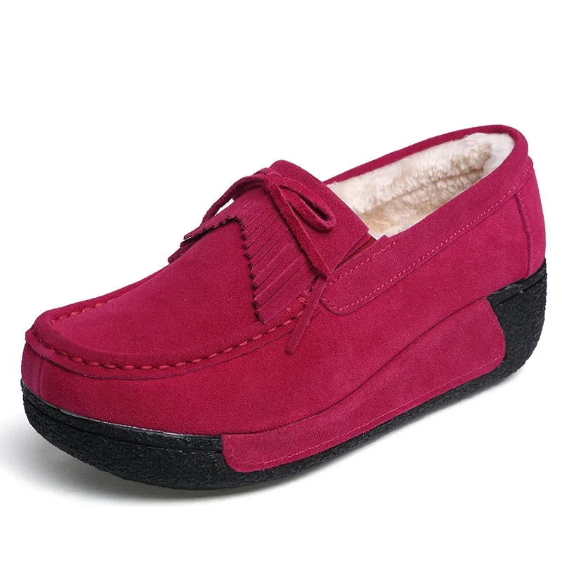 2023 Spring Women Casual Shoes Suede Genuine Leather Platform Flats Tassel Slip-On Ladies Creepers Shoes Red Fur Winter