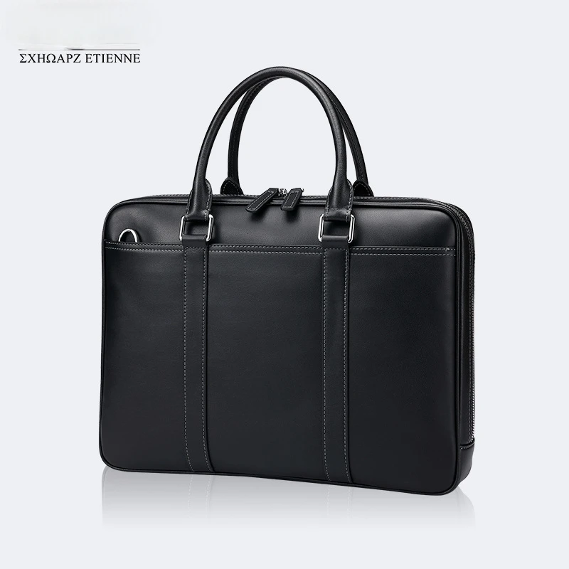 Genuine Cowhide Leather Briefcase Large Capacity Laptop Bag Silver Hardware For Men Business Ample Storage Space