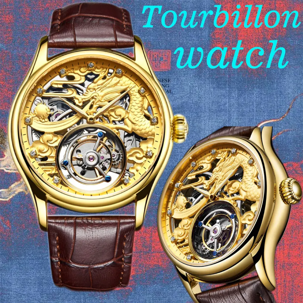 

Luxury and fashionable skull tourbillon watch, gold dragon watch, luxury mechanical stainless steel leather men's sapphire watch