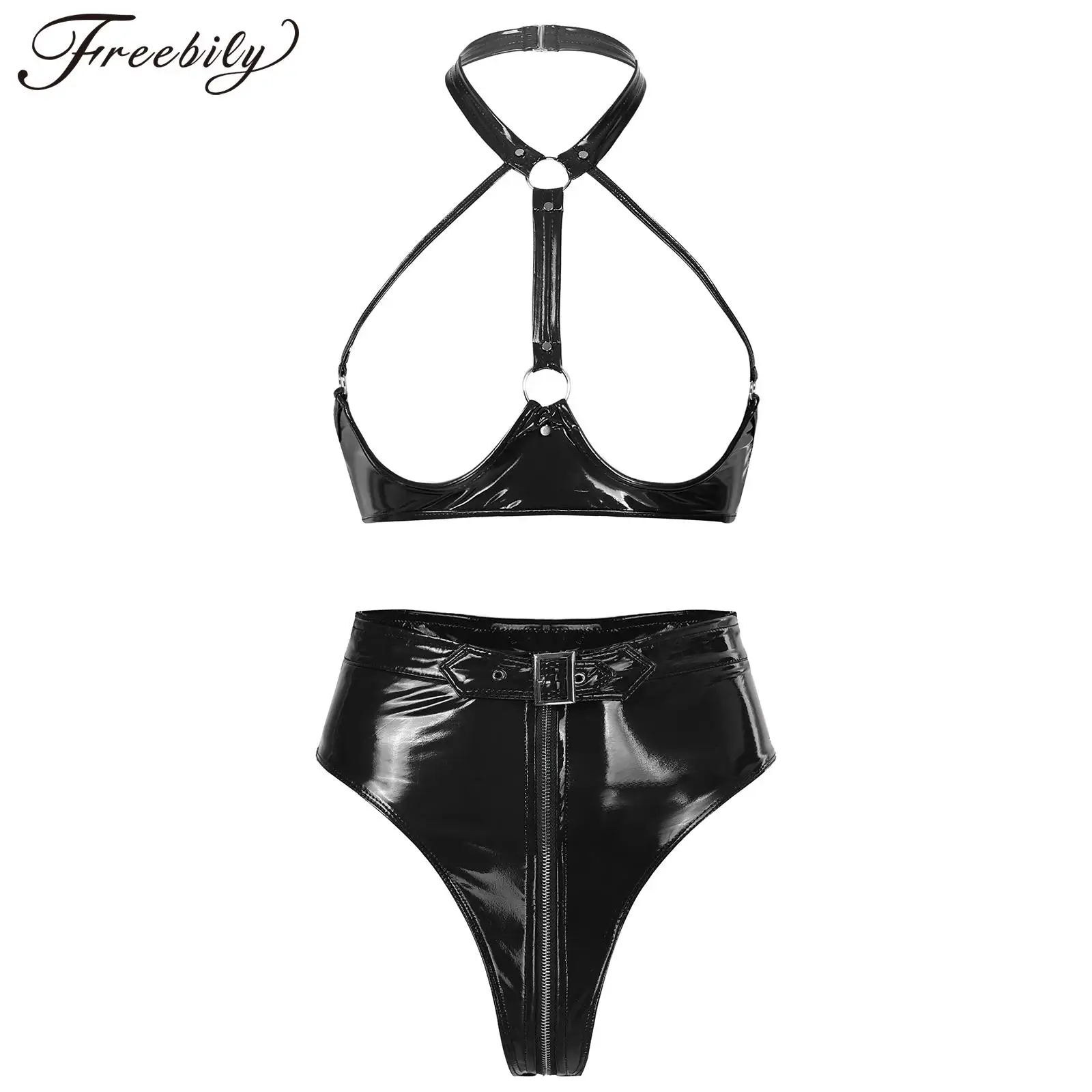 

Women Erotic Lingerie Set Wet Look Patent Leather Halter Open Bust Wire-free Backless Bra Top with High Cut Front Zipper Briefs
