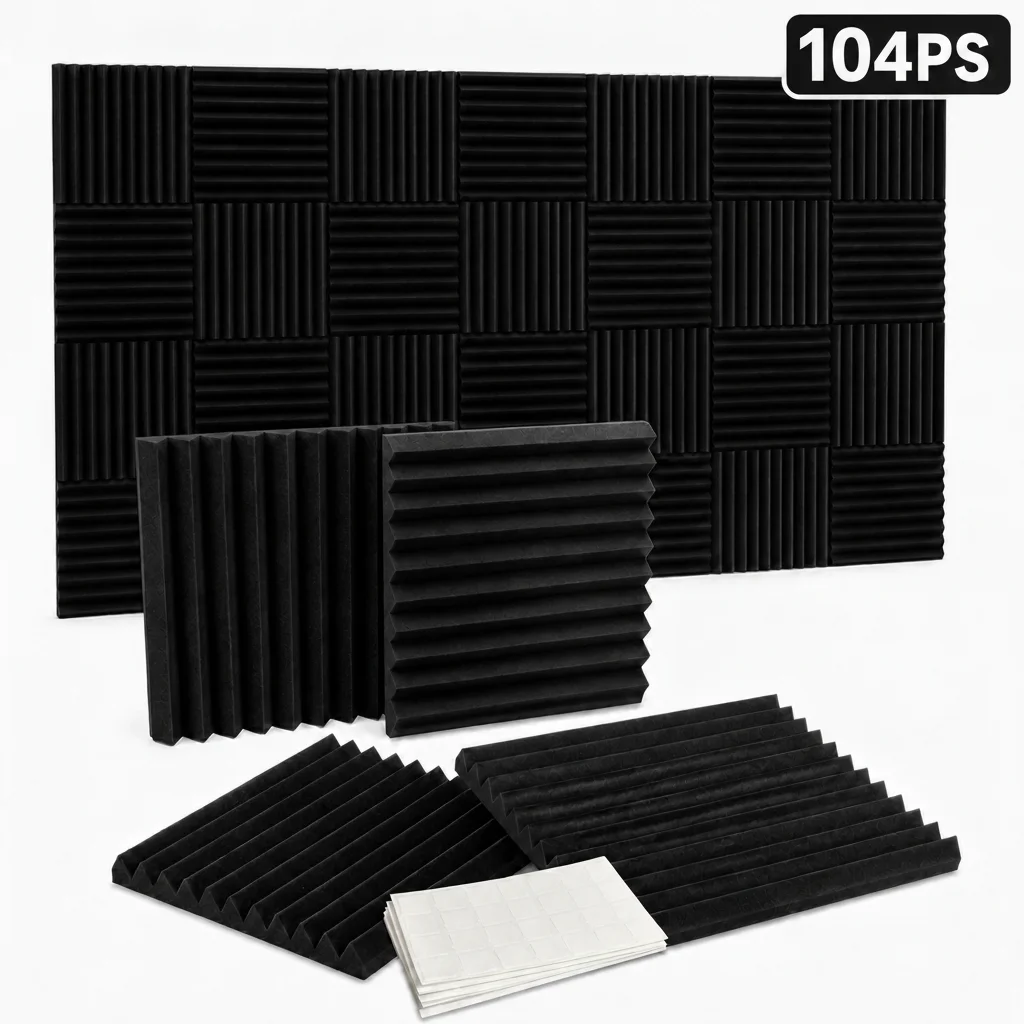 104Pcs Black  Sound Absorbing Acoustic Foam Panels Equipped Double Sided Adhesive Tape Sound Insulation Sponge for Recording Studio E-sports Gaming Room Broadcast Hall