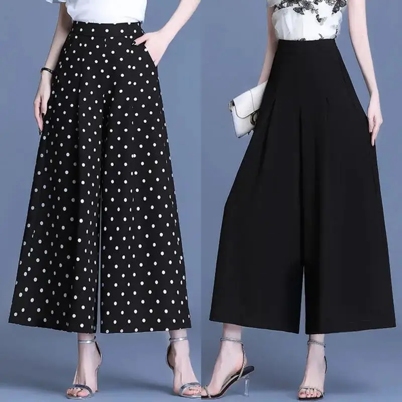 

2024 Women Summer Fashion Loose Wide Leg Pants Female Elastic Waist Chiffon Pant Ladies Printing Polka Dot Thin Trousers N05