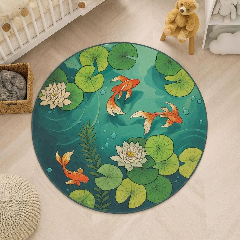 Cute Koi Fish Pond Lotus Water print Round Rug,Kids Bedroom,Playroom,Study Chair indoor decor Non Slip Rug Keepsake