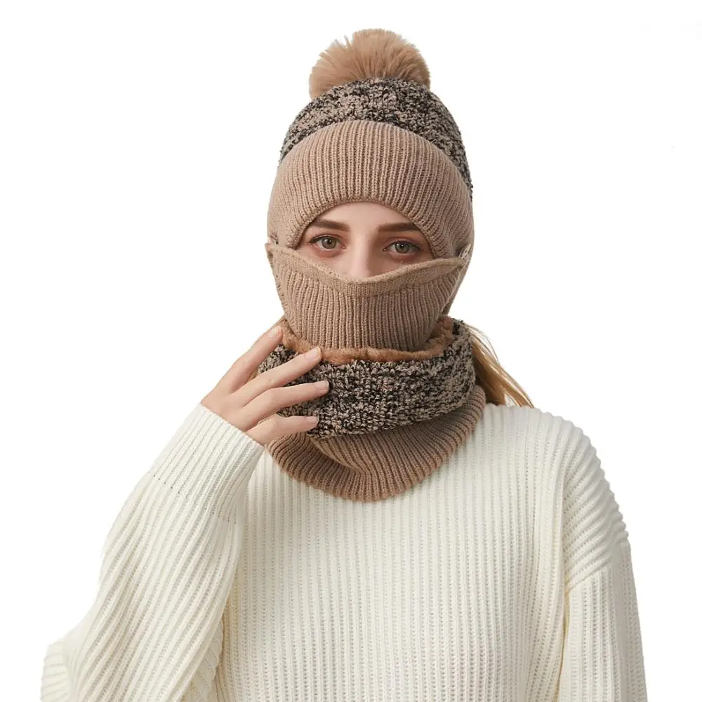 Gorro de invierno 3 en 1 con pompón, pasamontañas con forro polar de punto, máscara facial, bufanda para el cuello, cálido y holgado