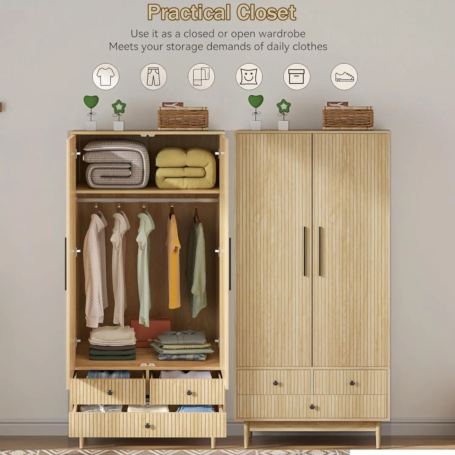 Armoire de rangement pour vêtements en bois avec portes cannelées, armoire de rangement avec étagère, armoire de garde-robe avec 3 portes de proximité, 64.96 po, Freestandi