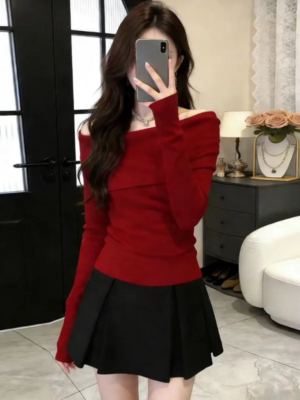 

Red One-Shoulder Sweater Women's Inner Wear Spring Autumn Winter Beautiful New Year's Outfit Commute Style Knitted Top