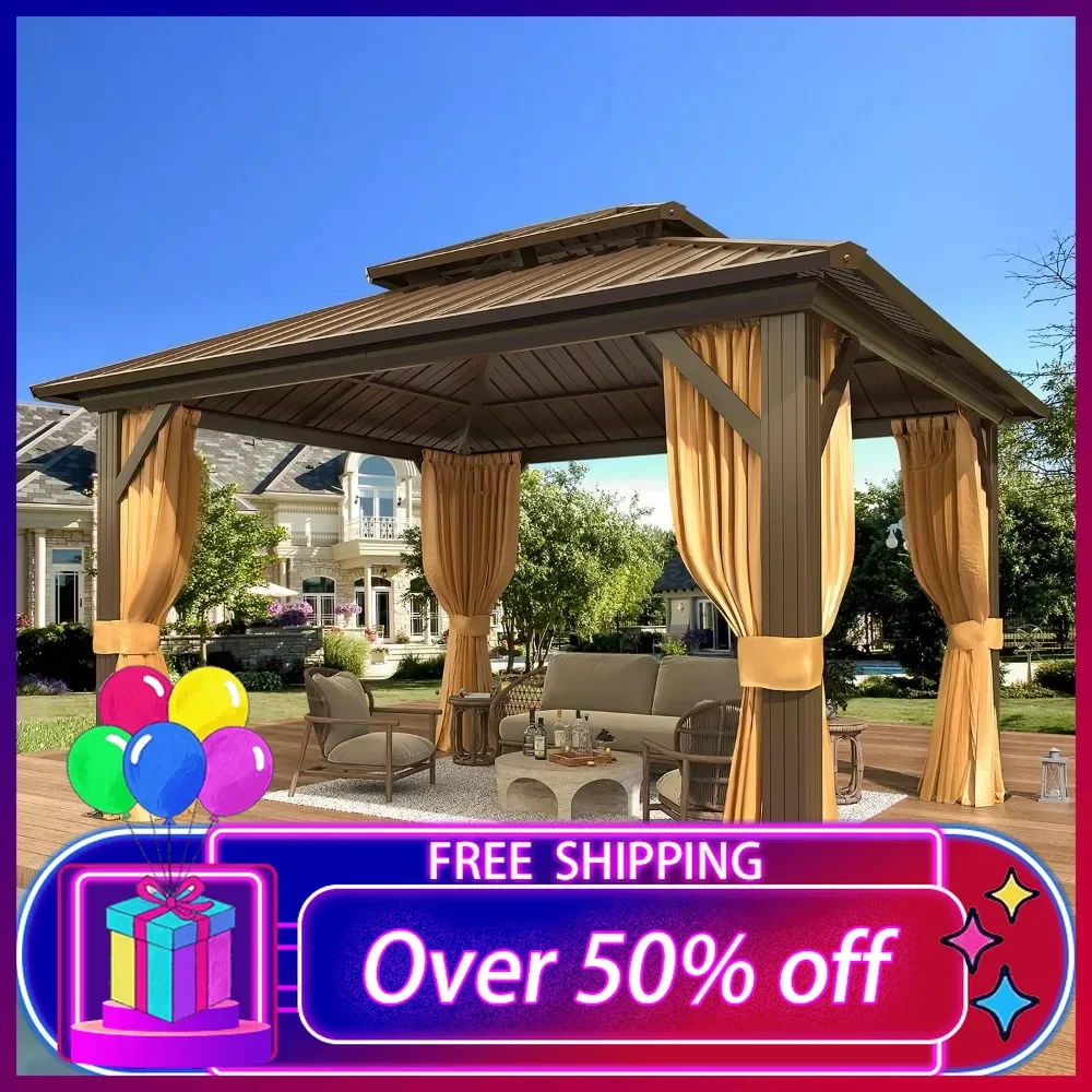 

10'x12' Hardtop Gazebo,Galvanized Steel Double Roof Gazebo with Frame,Permanent Outdoor Metal Pavilion with Curtain and Netting