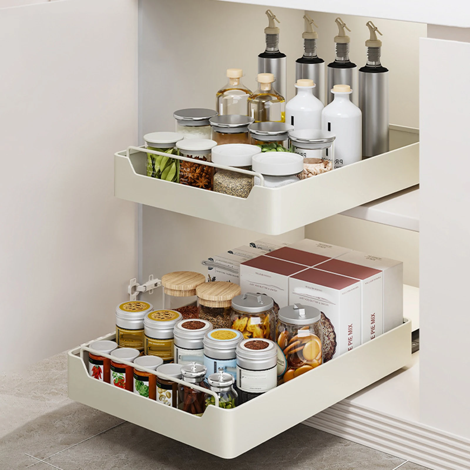 Organisateur d'armoire extractible fixe avec Guide d'amortissement, tiroir coulissant robuste, étagères de garde-manger silencieuses pour la cuisine