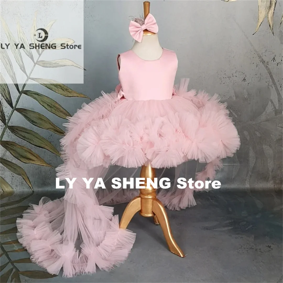 

Customized Pink Flower Girl Dresses Tulle With Bow And Tailing Sleeveless For Wedding Birthday Party First Communion Gowns