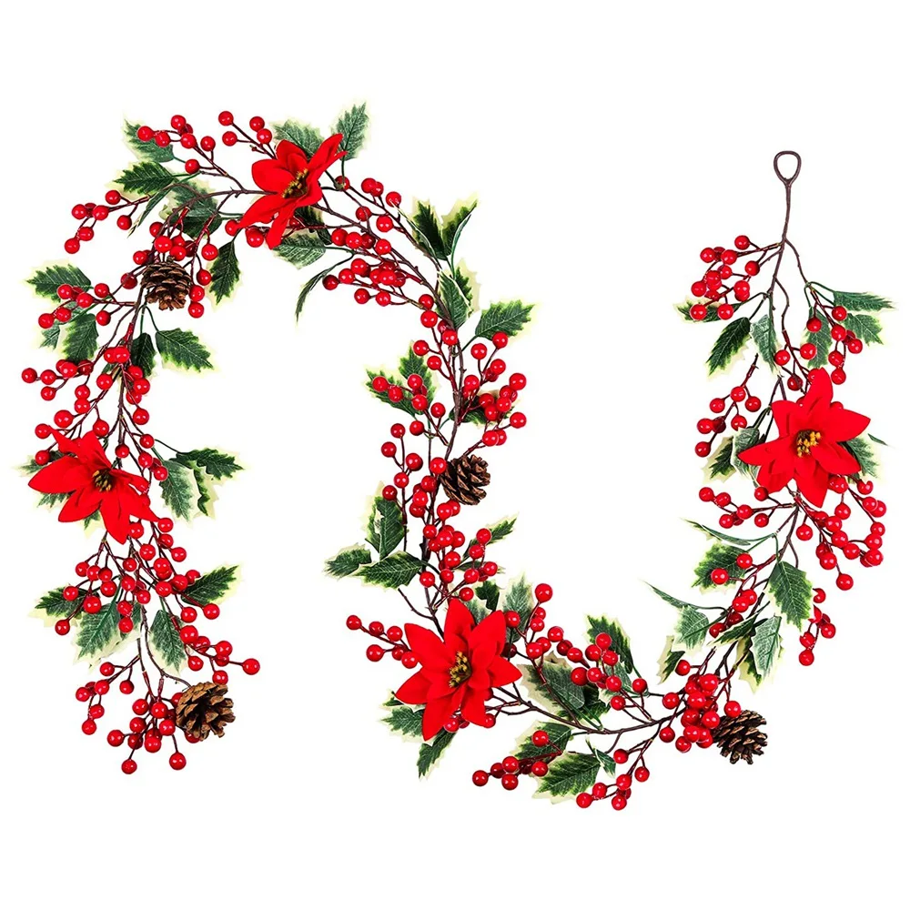 6.3FT Red Berry Christmas Garland Artificial Poinsettia Garland Christmas Berry Garland with Pine Cones