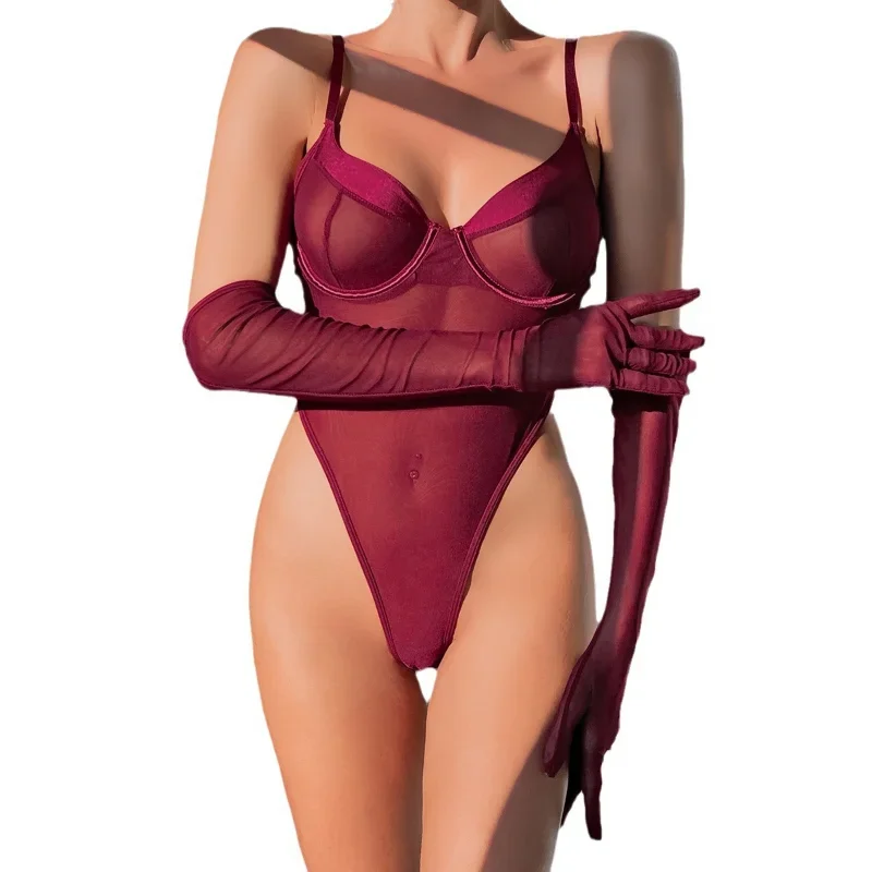 Women Sexy Bodysuit With Gloves Ultrathin Mesh See-Through Underwear Underwire Corset Top Bodysuits Lifting Buttocks Lingerie