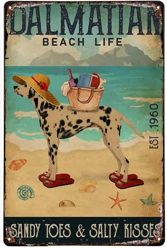 Beach Sign Metal Sign Beach Life Sandy Toes Dalmatian Metal Tin Sign, Fun Bathroom Vintage Tin Signs Office Bar Sign Man Cave De