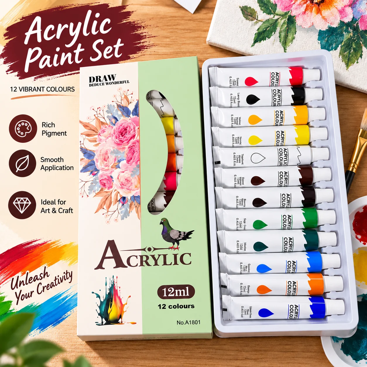 12-Color Paint Set, 12ml Paint Tubes for Ceramic, Glass, Wood & Canvas, DIY Painting, Crafts, Art Projects & Creative Artwork
