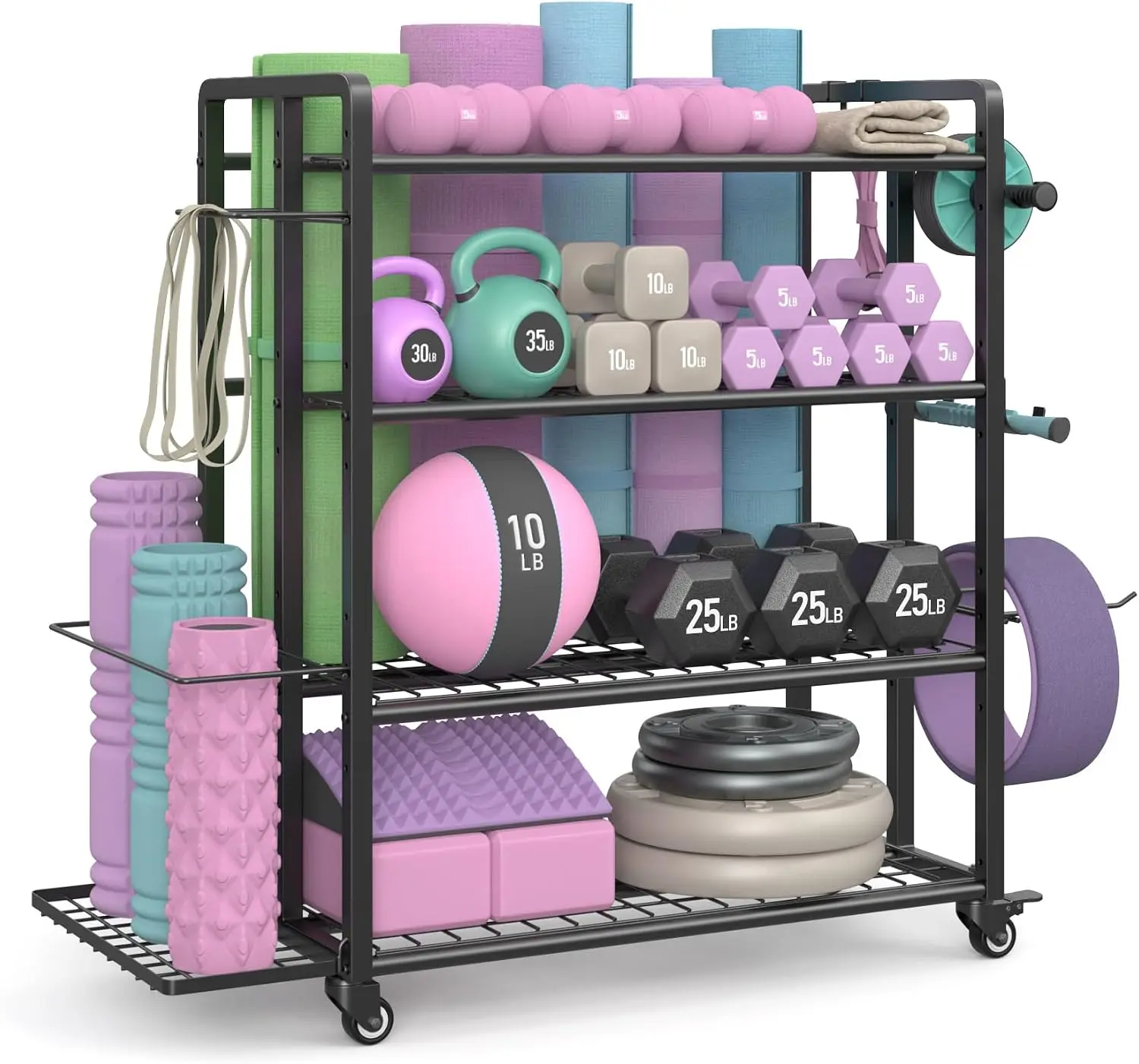 4-Tier Weight Rack for Home Gym with Wheels and Hooks | Adjustable Gym Storage Rack for Dumbbells Kettlebells Yoga Mat, All-in-O
