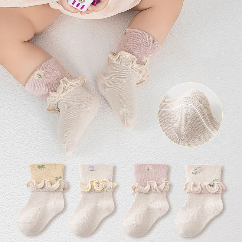 Ruffle Brim Baby Socks Spring Autumn Children Mid Tube Sock Princess Girls Loose Mouth Stockings Soft Cotton Kids Footwear 0-3Y