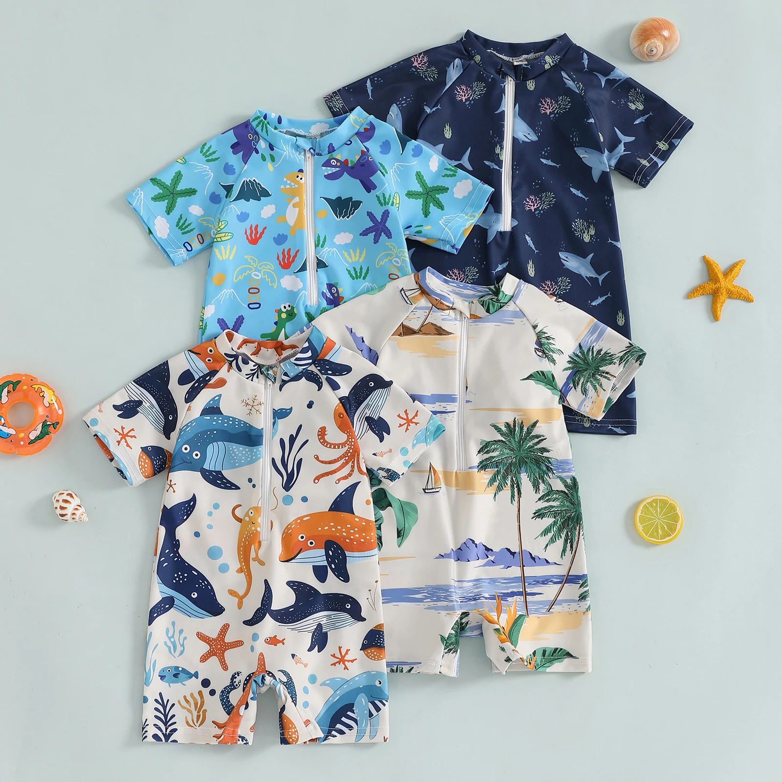 Cute Toddler Boy Girl Swimsuit Shark Print Short Sleeve Mock Neck Zip Up Rash Guard Bathing Suit Kids Summer Swimming Clothes