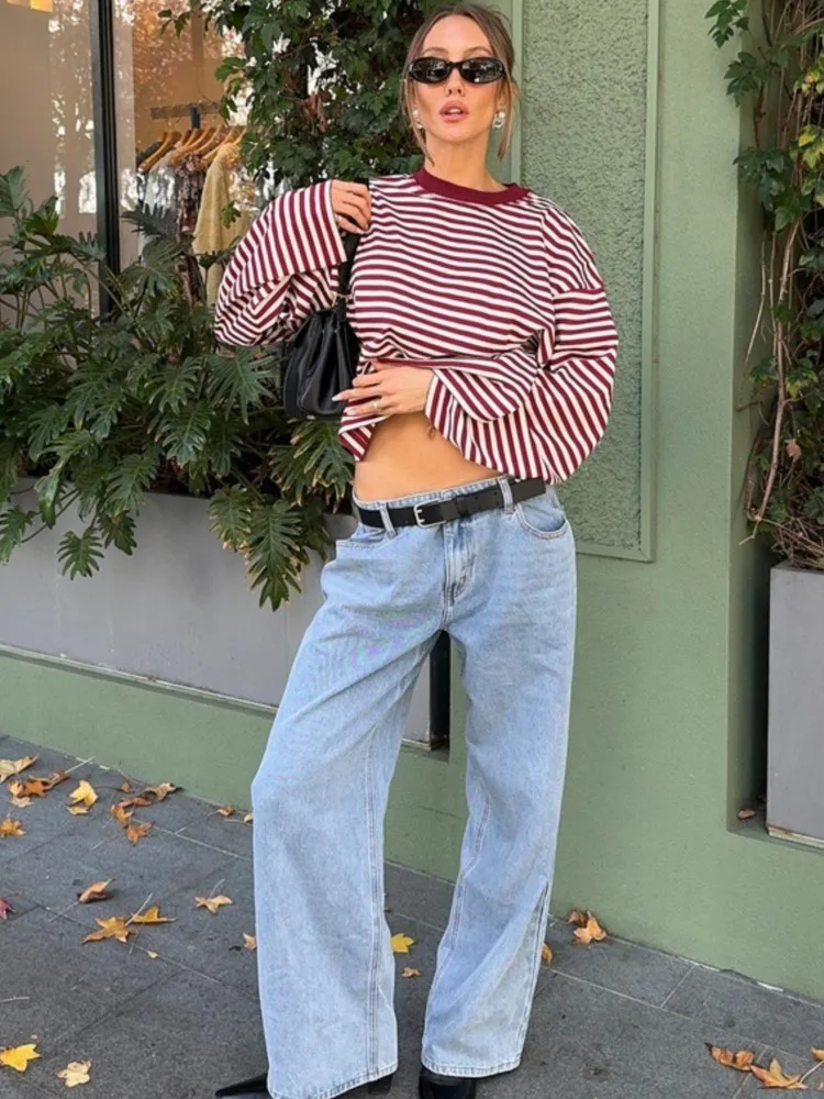 

Новая осенне-зимняя повседневная женская полосатая свободная футболка с длинным рукавом и принтом, винтажный лоскутный пуловер, рубашка, топы Y2k, уличная одежда