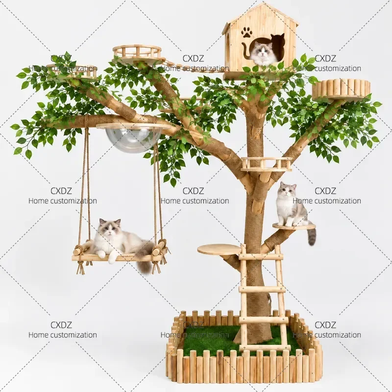 Large Solid Wood Cat Tree with Real Trunk Wear Resistant Non Hairy Climbing Frame Integrated Cat Nest and Scratching Post for