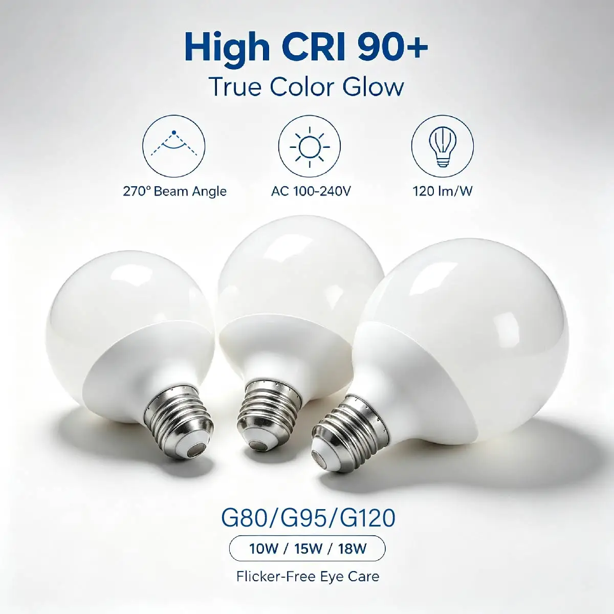 CRI90+ G80 G95 G125 Globe LED Bulb 10W 15W 18W E27 AC100‑240V 120LM/W PC Aluminum Vanity Mirror Decor Round Lamp