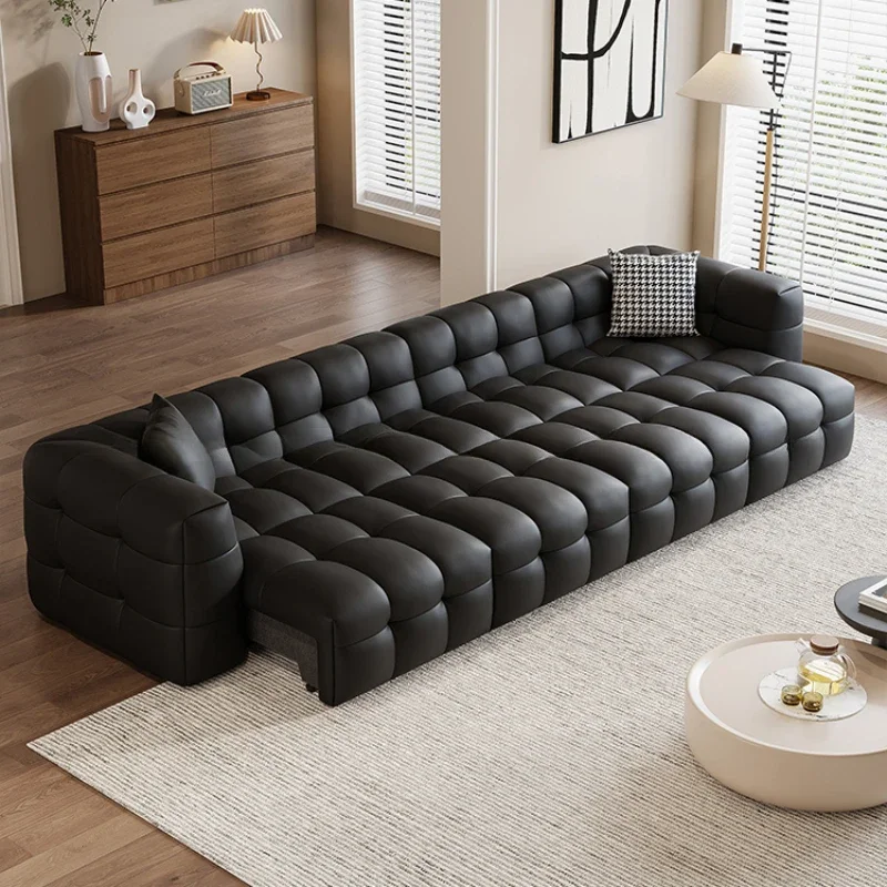 Italian Leather Electric Sofa Small Apartment Function Retractable Sofa Bed Straight Row Divano Letto Living Room Furniture