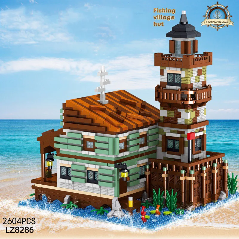 Idéia vista de rua arquitetura pesca aldeia cabana micro diamante bloco modelo conjuntos construir tijolo brinquedo de construção nanobrick para presente
