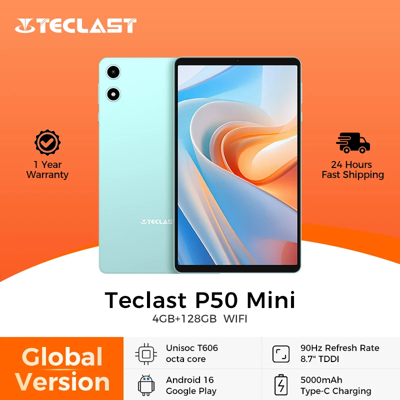 Планшет Teclast P50 Mini с 8,7-дюймовым дисплеем 90 Гц, процессором Unisoc T606, 4 ГБ ОЗУ (+8 ГБ расширяемой памяти), 128 ГБ памяти, аккумулятором 5000 мАч, ОС Android 16, Wi-Fi.