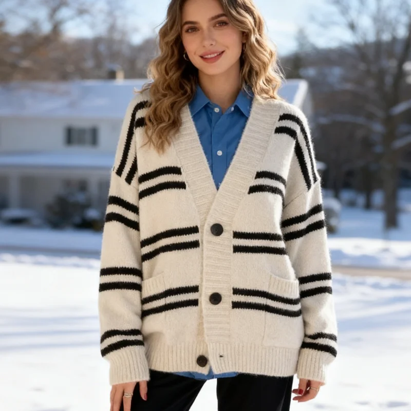 

Новый осенний женский полосатый кардиган с карманами, свитер, свободный зимний милый вязаный элегантный пальто с длинными рукавами и v-образным вырезом, элегантный трикотаж