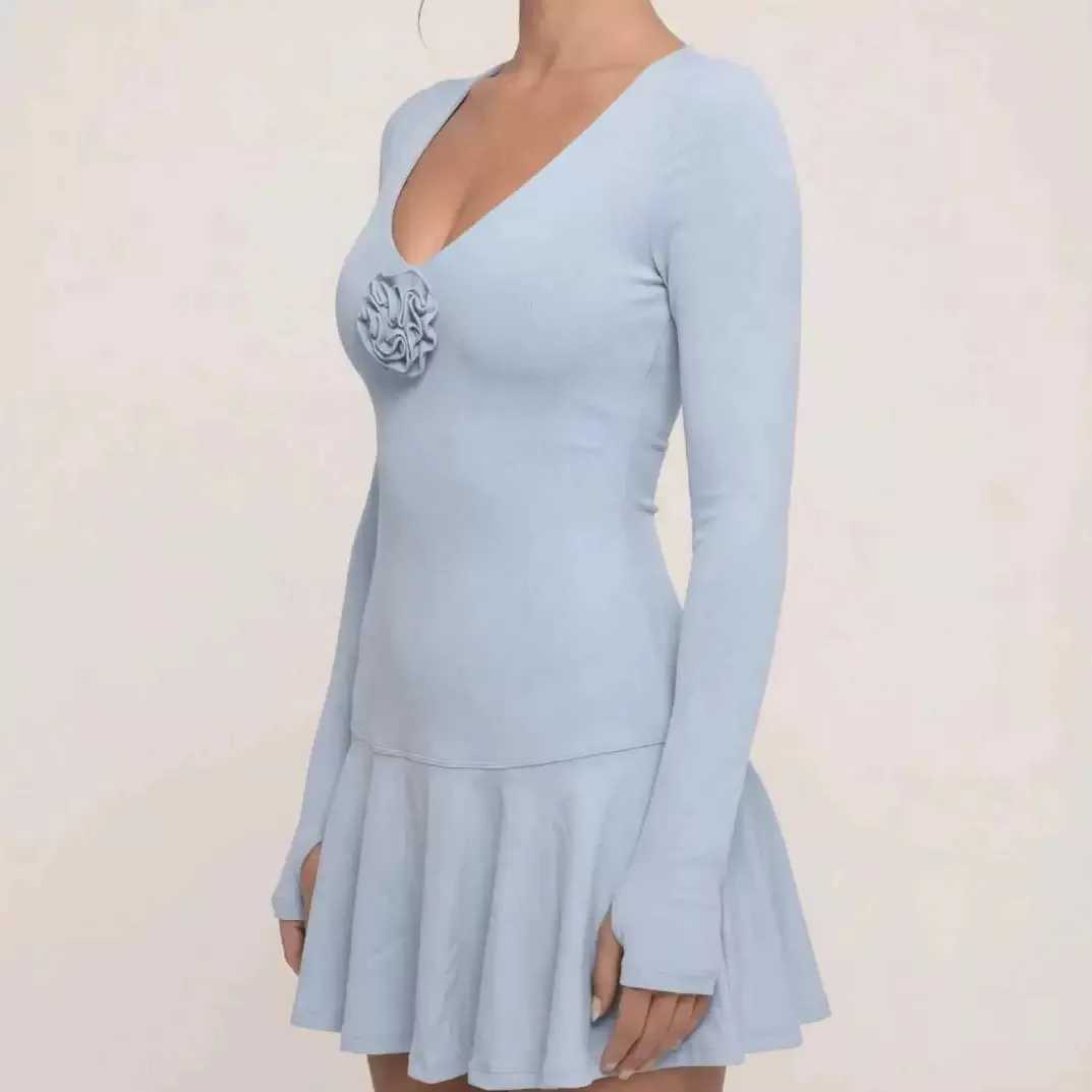 FUBEIKE Flower V Collar Dress With Chest Pad Long Sleeve Tennis Dress With Safety Pants Slim Yoga Tennis Skirt Women Sportswear