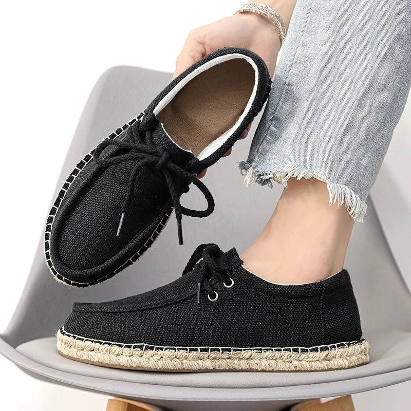 New Men Casual Shoes Fashion Breathable Canvas Shoes Classic Man Walking Flax Flat Outdoor Comfortable Soft Light Men\'s Sneakers