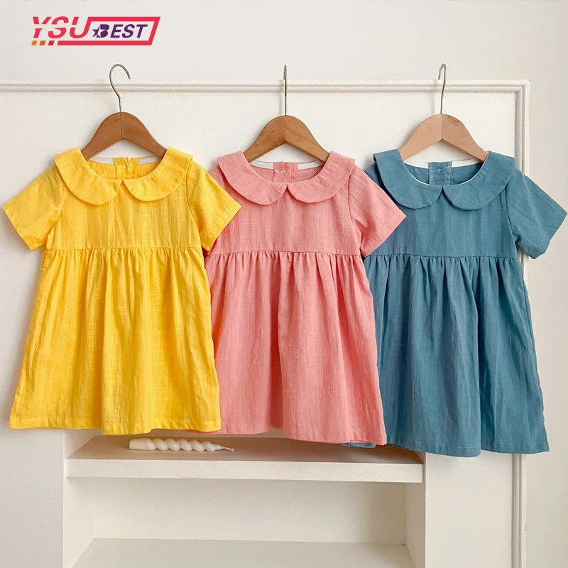 Infant Baby Girls Dress 1-6Y Summer Linen Cotton Dress Short Sleeved Ruffle Decoration Fashion Baby Clothing Girl Lovely Dress