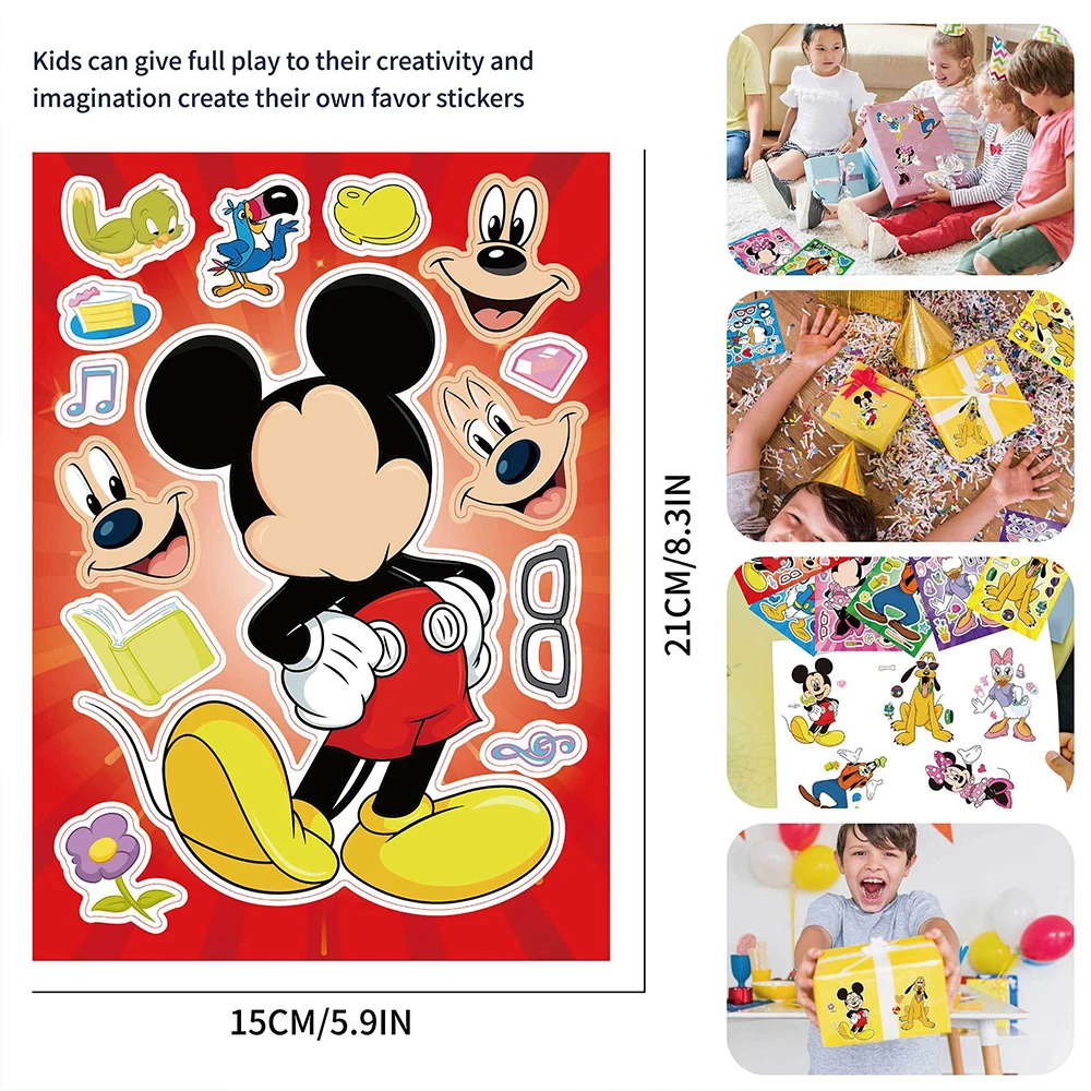 6/12Sheets Disney Make a Face Puzzle Stickers Mickey Mouse Donald Duck Kids Assemble Jigsaw Toys Children Funny Game Party Gift