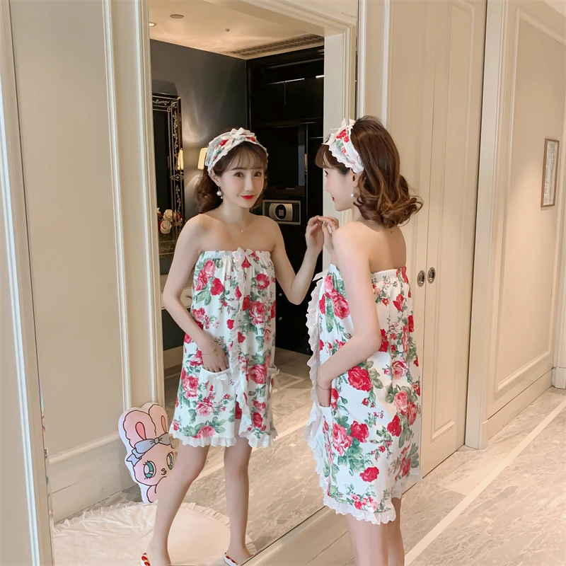 2024 Summer Cotton Floral Print Sexy Mini Dress Bath Towel Robes for Women Cute Sleepwear Bathrobe Nightgowns Night Dress Night