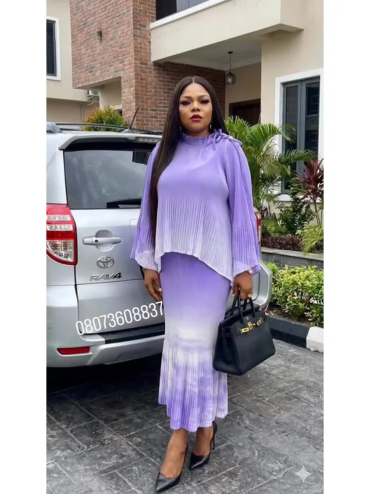 

EGRM New Miyaki Two-piece Set Printed Gradient Drawstring Irregular Top and Plus Size Skirt Sets 2026 Women's Clothing 5R6105