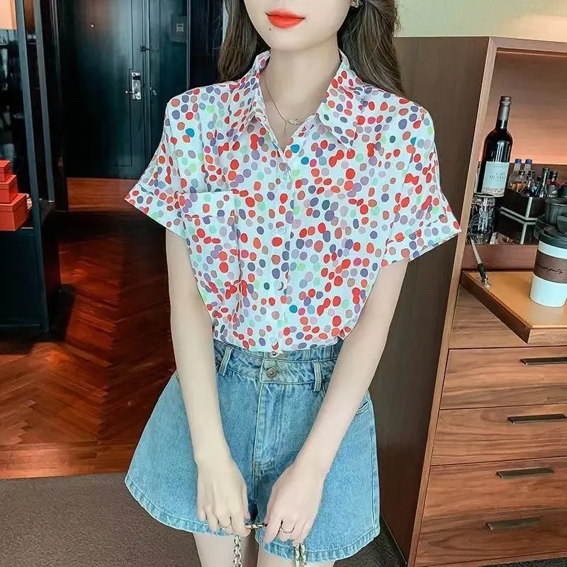 Minimalist Commute Retro Polo-Neck Short Sleeve Floral Blouses Summer New Women\'s Patchwork Pocket Loose Sweet Button Shirt Tops